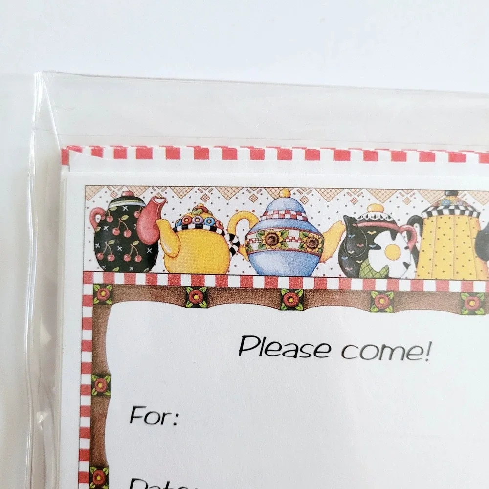 Vintage 90s Cherry Teapot, Tea Party Invitations (8) Mary Engelbreit, 1993 - New